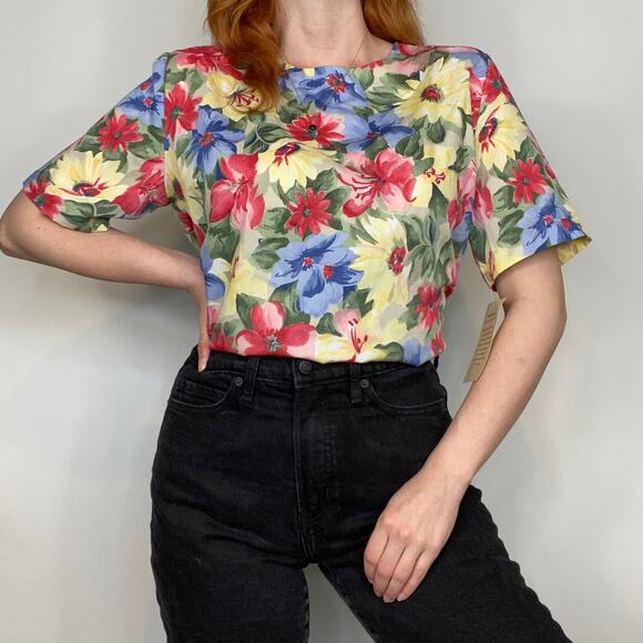 Vintage 90s Cristin Stevens Deadstock Neutral Floating Floral Print Blouse Tee - Picture 3 of 12